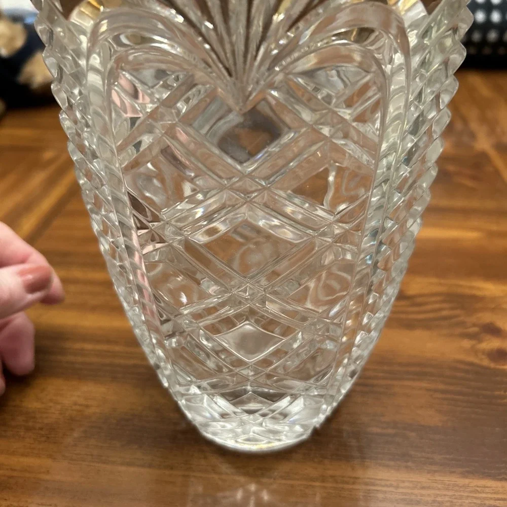 Collectible Fostoria Lead Crystal‎ Geometric Glass Clear Vase Gold Trim W Box